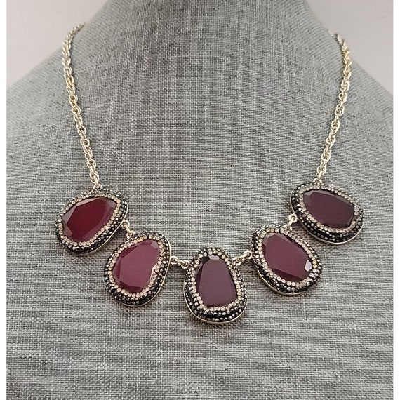 Talbots Wine Red Faceted Glass Gray Rhinestone Collar Necklace, 21" Long K769