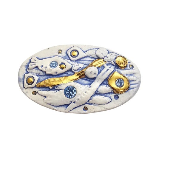 Blue Rhinestone Fish Sea Life Ceramic Brooch Oval Pin J466