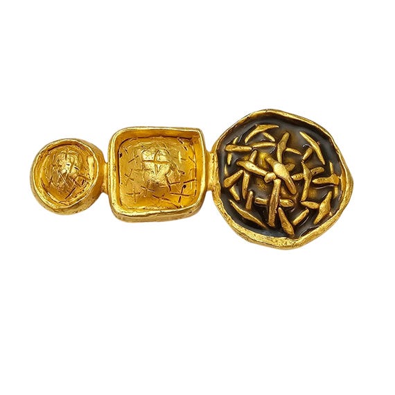 Gold Tone Modernist Brooch Round, Square Circle Textured Enameled Bar Pin C806