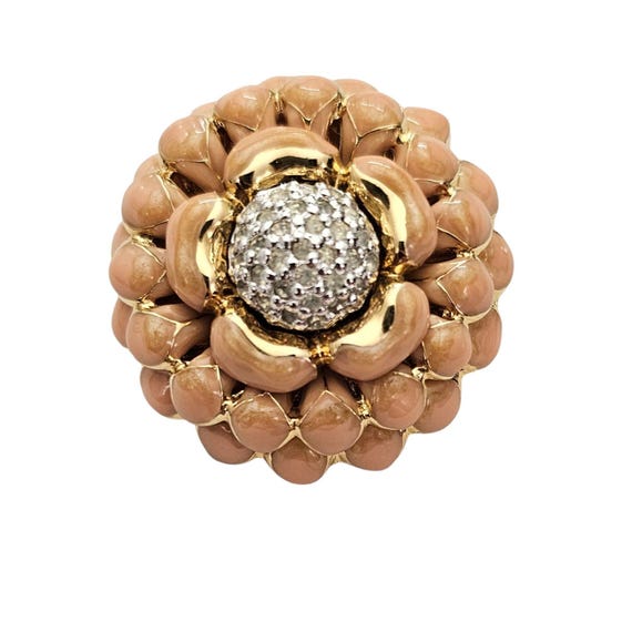 Judith Leiber Enhancer Clear Rhinestone Pave Center Coral Enamel Flower, Signed L986