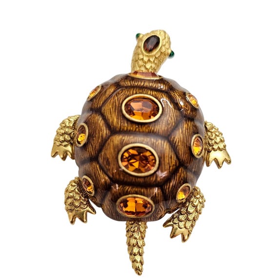 Joan Rivers Turtle Brooch Topaz Purple Rhinestone Pin Signed, J401