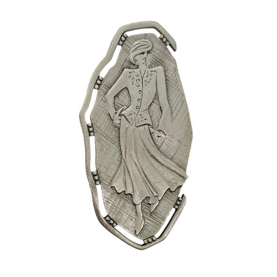 JJ Jonette Jewelry Co. Silver Tone Oval Linen Finish Lady in Dress Brooch Pin, Signed L827