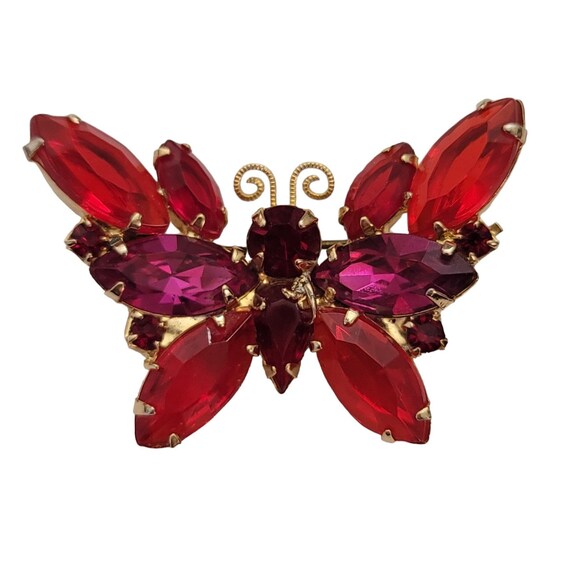 Red Pink Prong Set Rhinestone Vintage Butterfly Brooch Pin E445