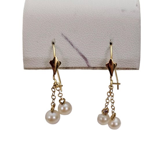 14K Yellow Gold Chain Pearl Charm Dangle Hook Earrings L385