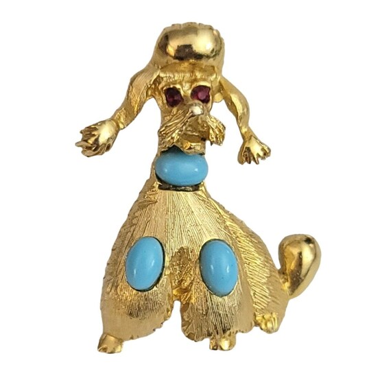 PELL Gold Tone Blue Oval Cabochon Poodle Dog Brooch Pin, Signed M419