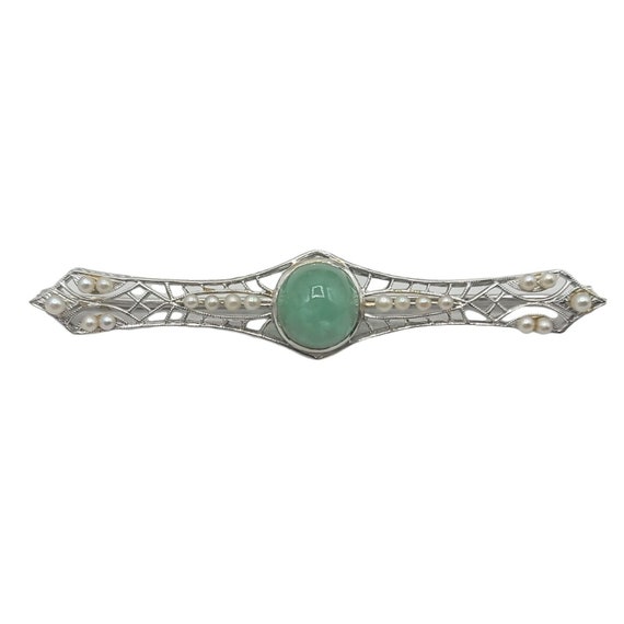 14k White Gold Art Deco Pearl Chrysoprase Stone Bar Brooch, Pin, 5.5 Grams