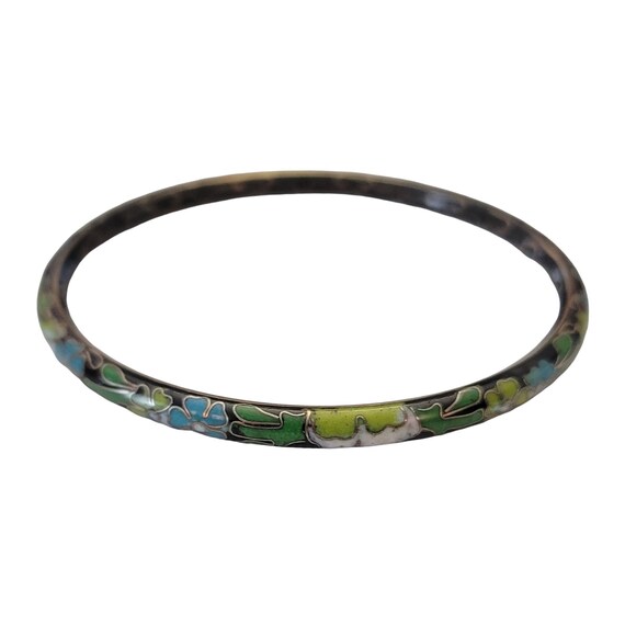 Vintage Green & Blue Flower Black Enamel Cloisonné Bangle E854