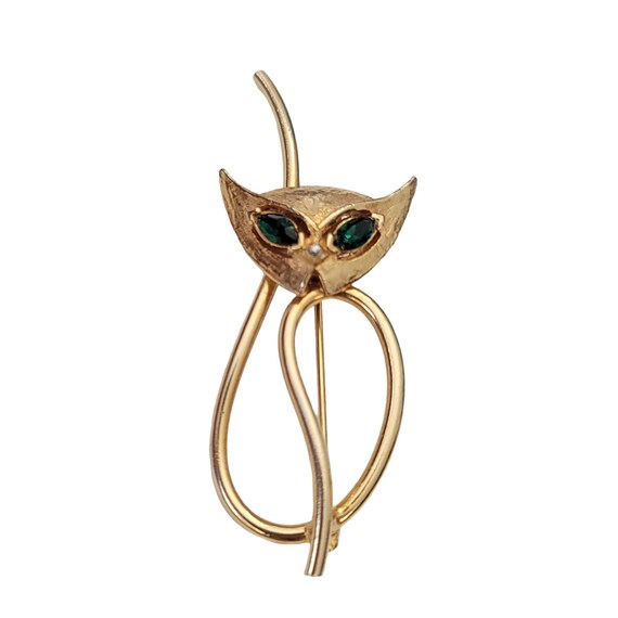 Emmons Gold Tone Green Rhinestone Open Cat Brooch, Signed L02