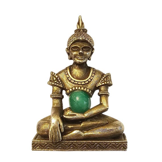Marvella Gold Tone Buddha Brooch Oval Green Cabochon Pin, Signed