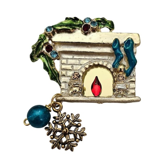 Vintage Fireplace Christmas Teal Blue Bead Snowflakes Charms Rhinestone Pin J951