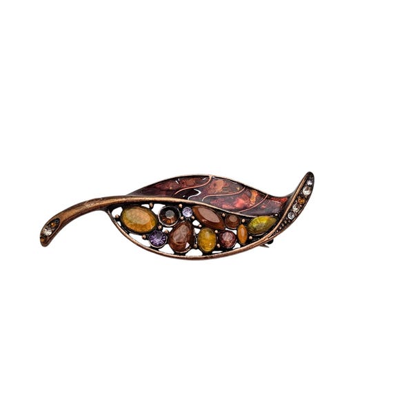 Liz Claiborne Red Enamel Gold Resin Rhinestone Fall Autumn Leaf Brooch, Signed L442