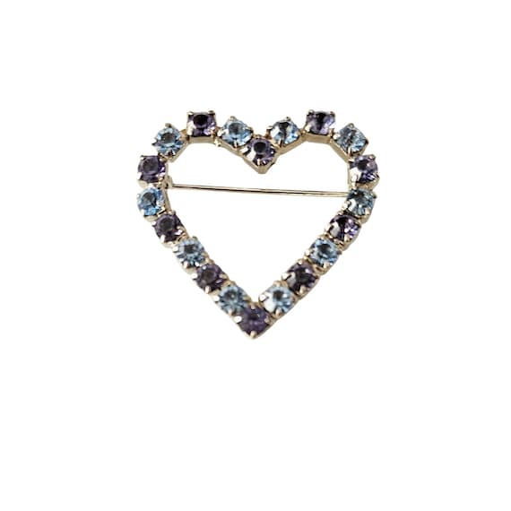 Icy Blue, Purple Rhinestone Open Heart Brooch Pin J195