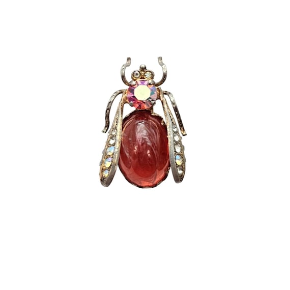 Flawed Domed Pink Glass Bug Brooch AB Rhinestone Austria Pin C658