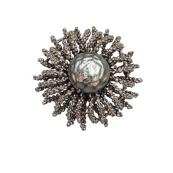 Silver Tone Brutalist Flower Brooch Gray Lava Glass/ Pearl Pin C799