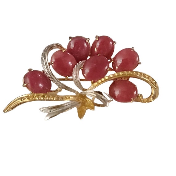 Gold Tone, Silver Tone 925 Pink Prong Glass Cab Ribbon Leaf Brooch K547