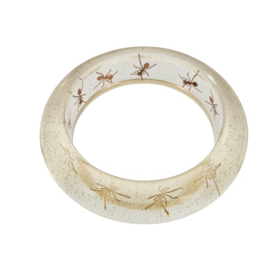 Clear Lucite Ant Confetti Bracelet Vintage Gold Tone Bangle J733
