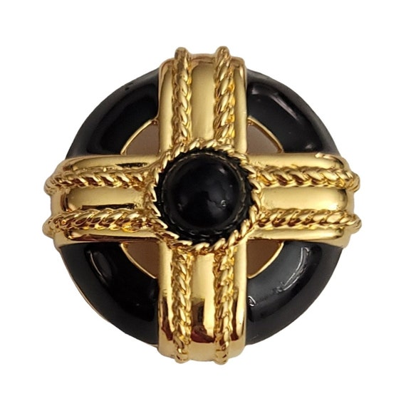 Monet Gold Tone Black Enamel, Center Lucite Cab Cross Brooch, Signed