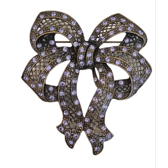 Sweet Romance Bronze Tone Purple Rhinestone Bow Brooch, Signed K354