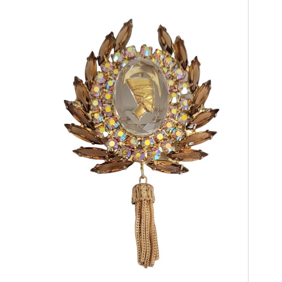 Juliana D&E Vintage Topaz AB Rhinestone Nefertiti Tassel Brooch Pendant, Book Piece K264