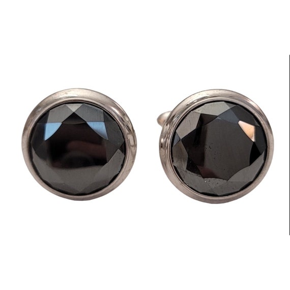 Sterling Silver Faceted Black Hematite Stone Round Cufflinks, Signed K335