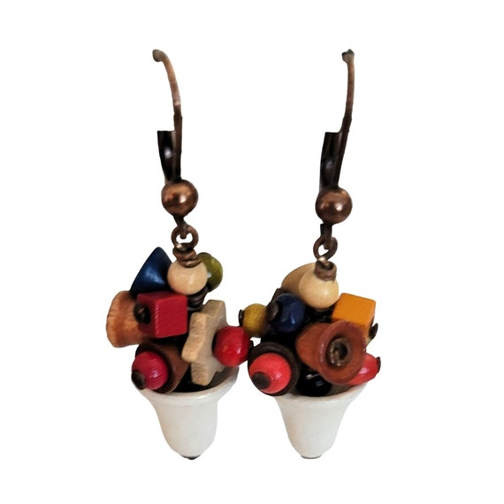 Czech Colorful Wood Beads, White Bell Lever Back Ear Hooks Dangle Earrings, M918
