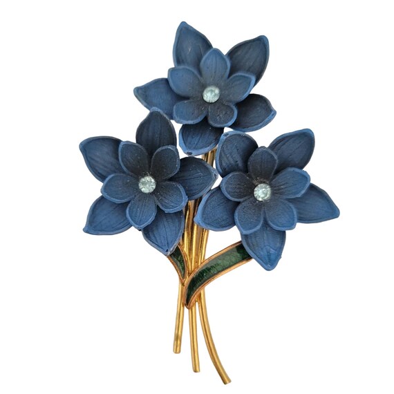 Gold Tone Blue Green Enamel Blue Rhinestone Lucite Flower Bunch Brooch