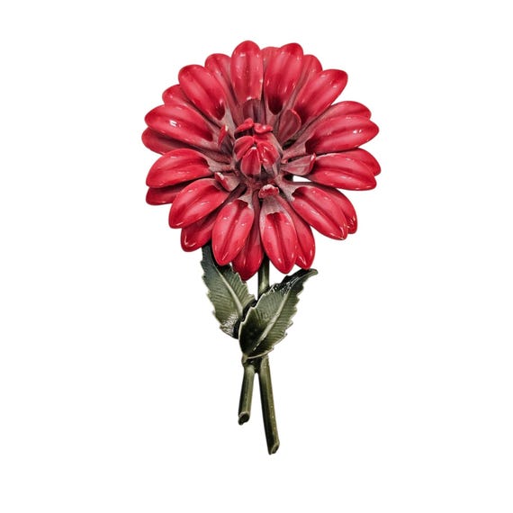 Red Metal Stemmed Flower Brooch, Green Enamel Leaf Pin