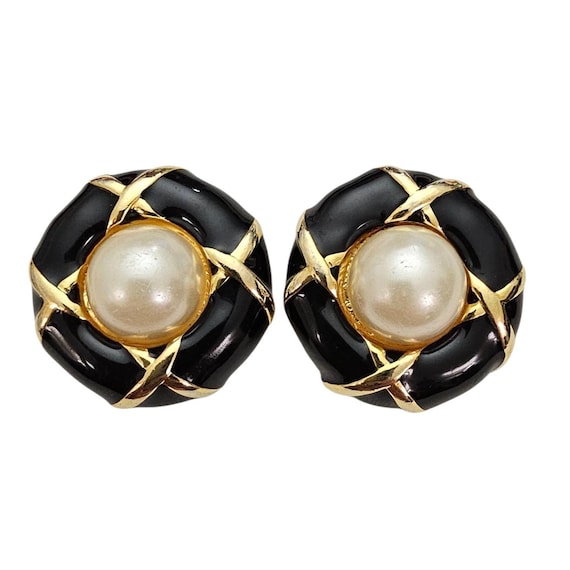 Black Gold Round Clip On Earrings, XO Design Faux Pearl