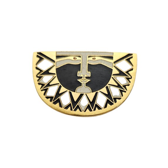 Laurel Burch SUNFACE Brooch Gold Tone Black, White Enamel, Signed L887