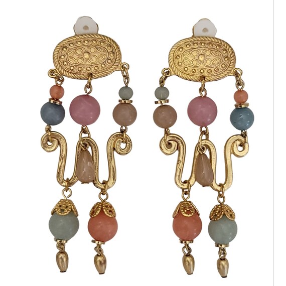 Gold Tone Multi Color Lucite Beaded Dangle Drop Clip On Earrings K401