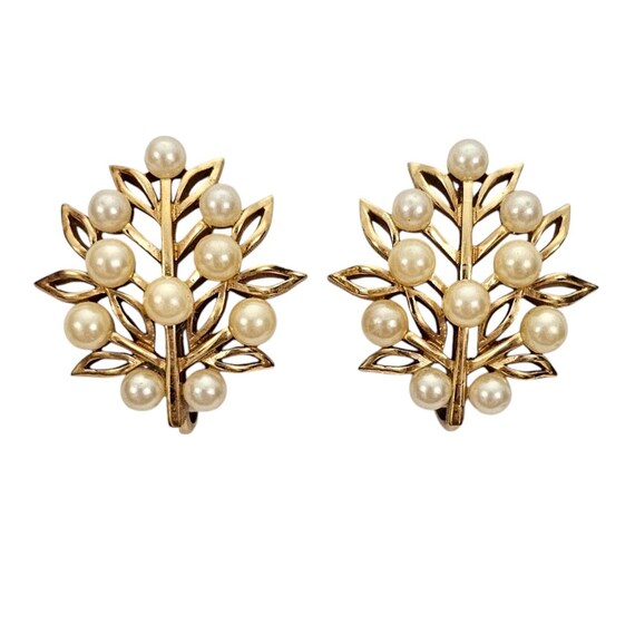 Trifari Gold Tone Faux Pearl Open Leaf Clip-On Earrings, Signed L832