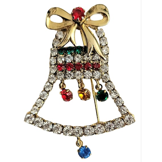 Gold Tone Red, Clear Prong Set Rhinestone Dangle Christmas Bell Pin Brooch