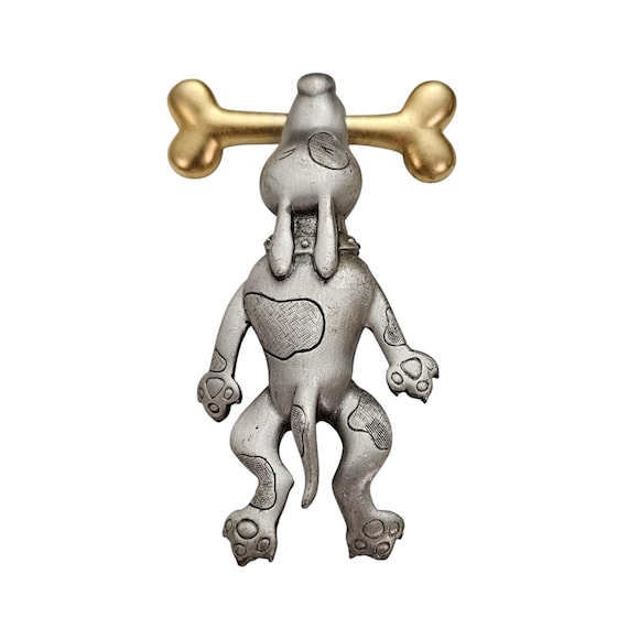 JJ Jonette Dog Hanging From Bone Brooch Pewter Style Pin, Signed