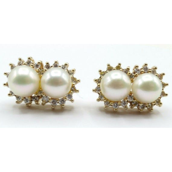 14K Yellow Gold Double Pearl And Diamond Posts Earrings, 4.6 Grams, E89