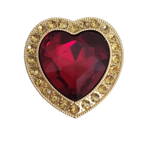 Monet Gold Tone Red Faceted Chunky Rhinestone Heart Brooch, Signed K13