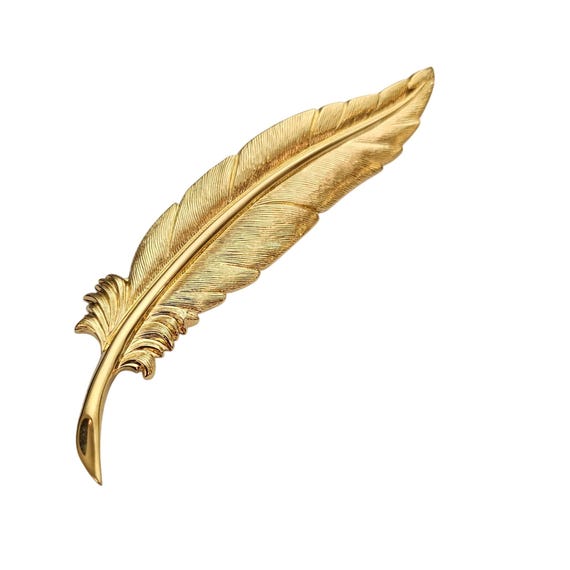 Monet Gold Tone Vintage Feather Brooch, Textured Pin Signed C964