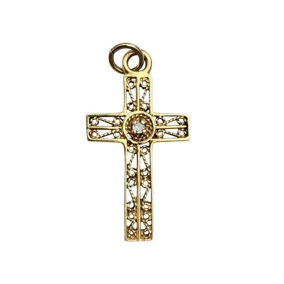 14K Yellow Gold Diamond Chip Filigree Cross Pendant
