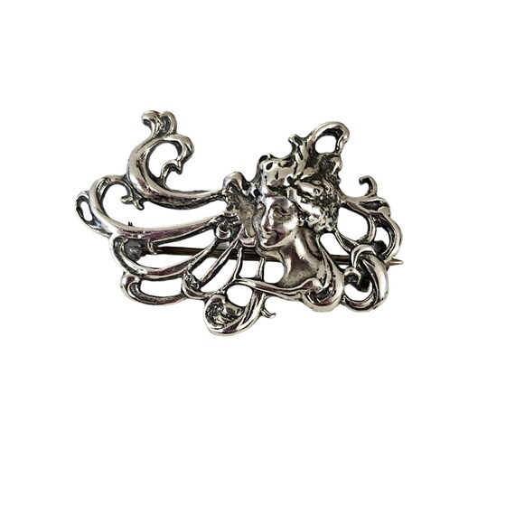 Sterling Silver Art Nouveau Mucha Style Lady Brooch Pin Pendant L161
