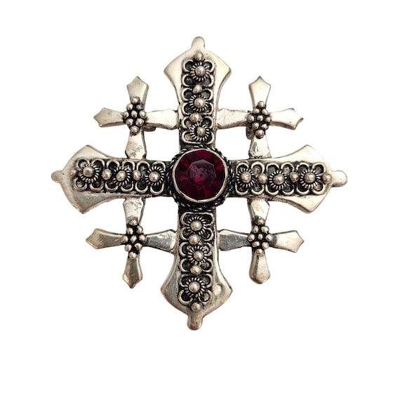 Silver Jerusalem Maltese Cross Brooch Pendant Etruscan Red Rhinestone Pin J470