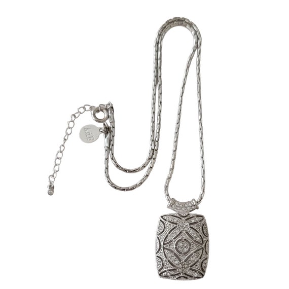 Art De France Silver Tone Pave Perfume Bottle Pendant Charm Necklace 18" Long, Signed E792