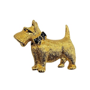 Carolee Vintage Black Enamel Bow Gold Tone Scottie Dog Brooch, Signed