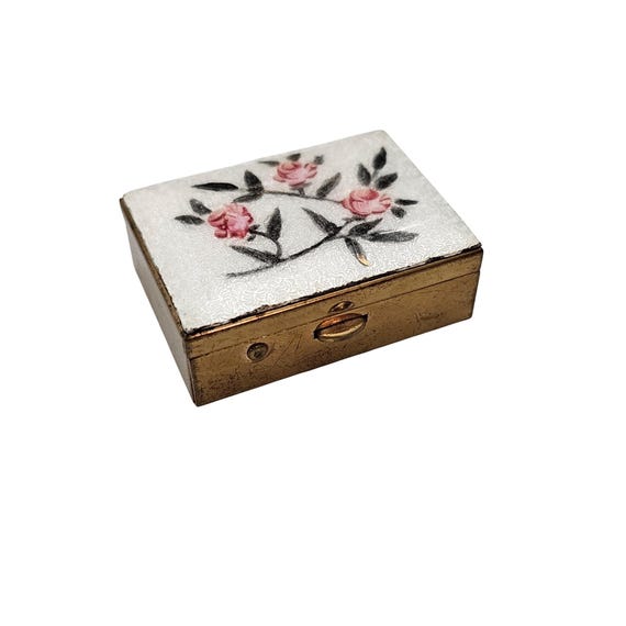 Guilloche Rose Enamel Pill Trinket Box Two Compartments J660
