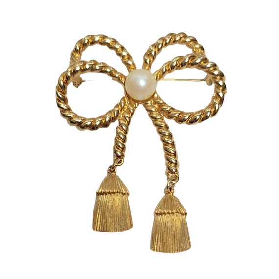 Pierre Balmain Goldtone Rope Twist Bow, Tassel Dangle Brooch