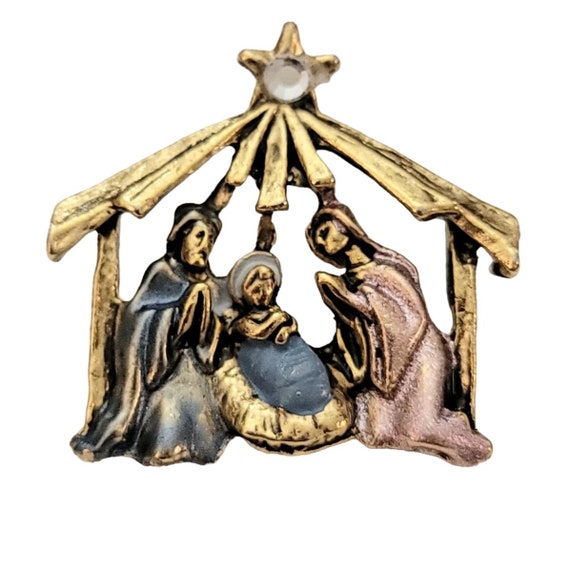 Pink Blue Enamel, Gold Tone Clear Rhinestone Nativity Lapel Pin K718