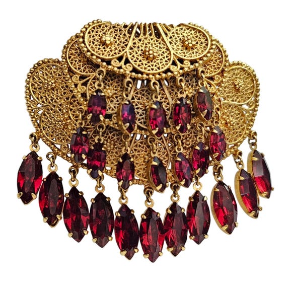 Gold Tone Rare Spanish, Renaissance Revival Red Rhinestone Tiered Dangle Brooch
