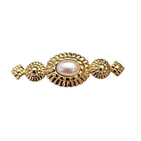 Monet Gold Tone Faux Pearl Bar Brooch, Etruscan Style Pin Signed, J803