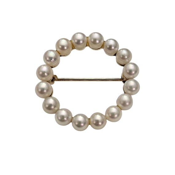 14K Yellow Gold Pearl Brooch Round Open Pin