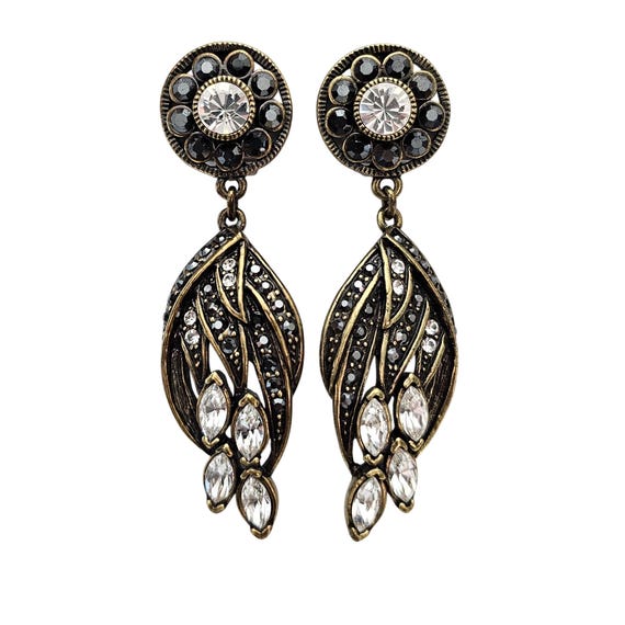 Heidi Daus Gold Tone Clear Black Rhinestones Clip On Dangle Earrings Signed J670