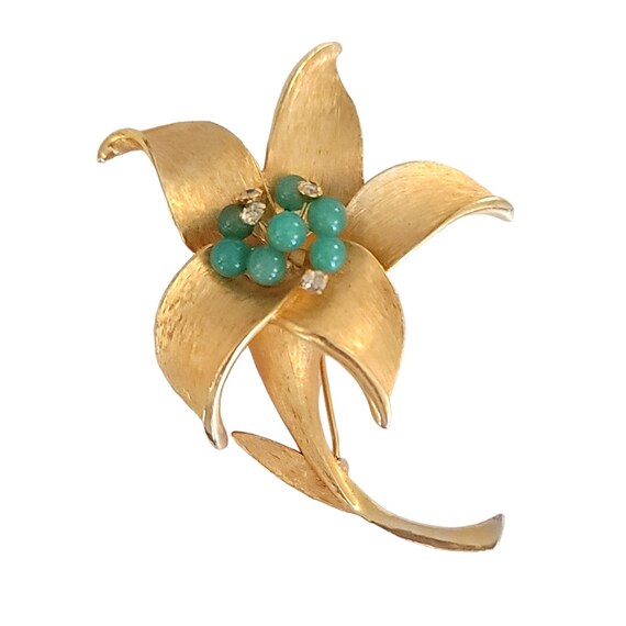 Parklane Gold Tone Green Lucite, Clear Rhinestone Flower Brooch, Signed K83
