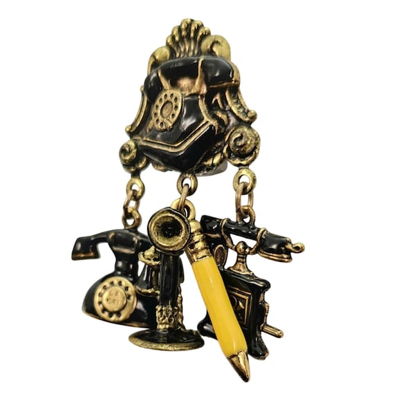 Vintage Telephone Charms Dangle Brooch Pencil Repousse Pin